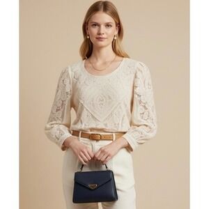 Ultra Pink Ivory Lace Large Embroidered Long Sleeve Top Cream Boho Blouse